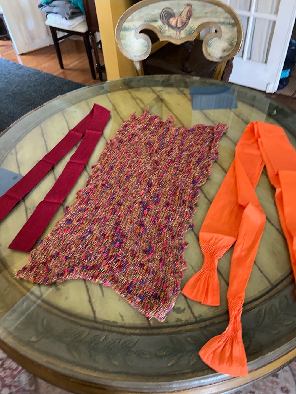 Multi-Color Knit Scarf with Orange and Burgundy Accent Ties a lot of three